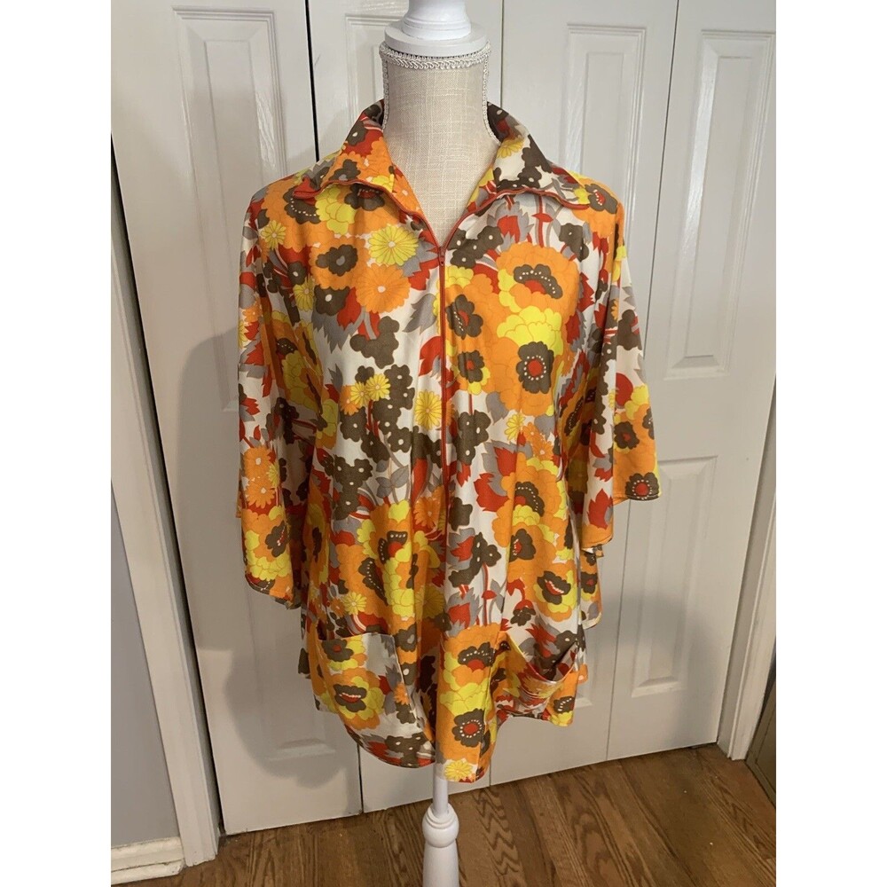 Vintage 70's Mademoiselle Inc. Women's Orange,Red,Yellow Floral House Blouse  OS